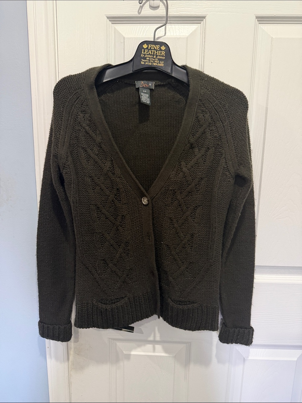 Dex Olive Green Cable-Knit V-Neck Cardigan